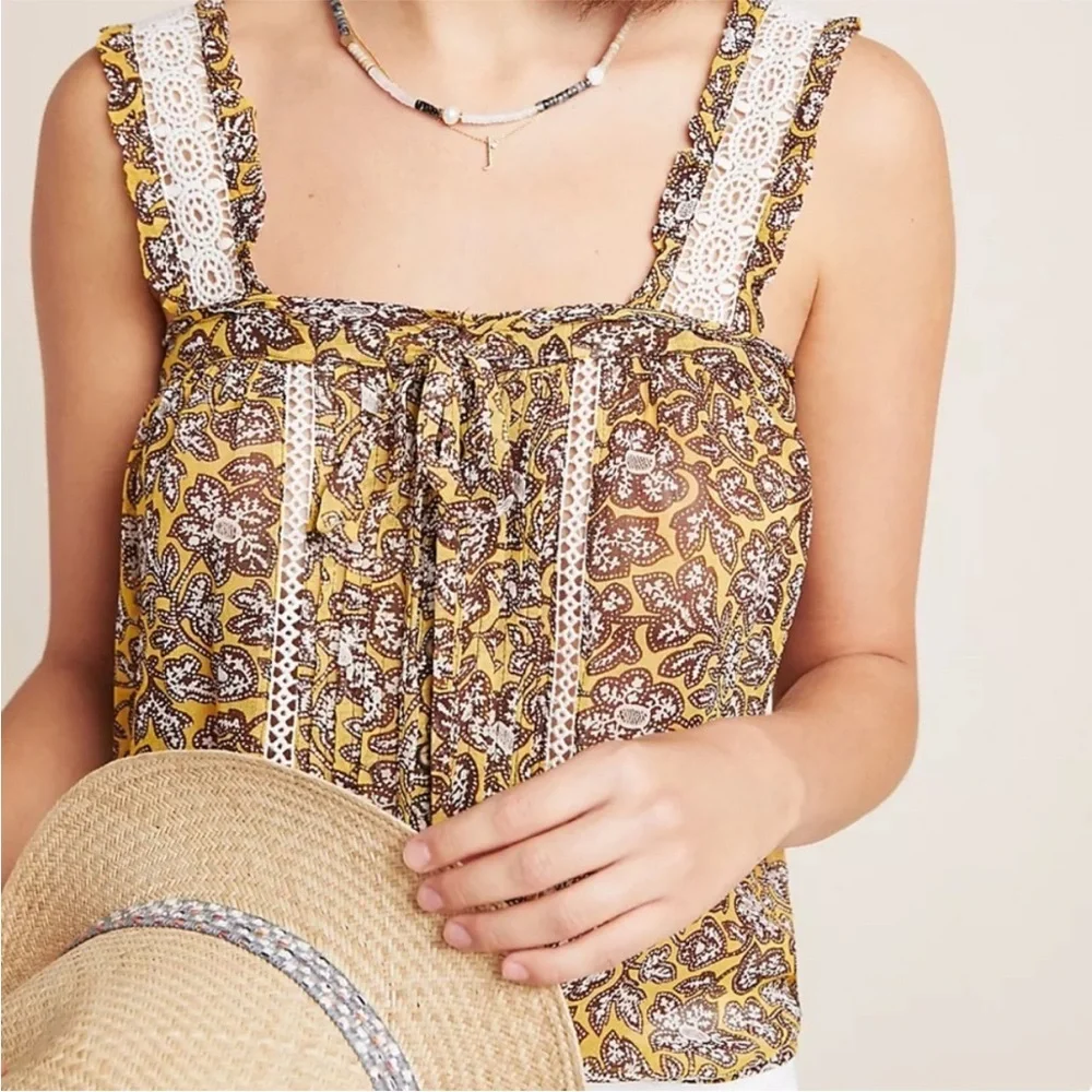 By Anthropologie Sleeveless Yellow and Brown Floral Crochet Bardot Blouse US 10 - Picture 3 of 16